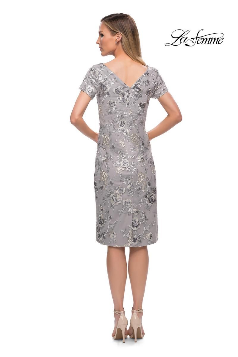 Style 29824 La Femme Size 8 High Neck Lace Silver Cocktail Dress on Queenly