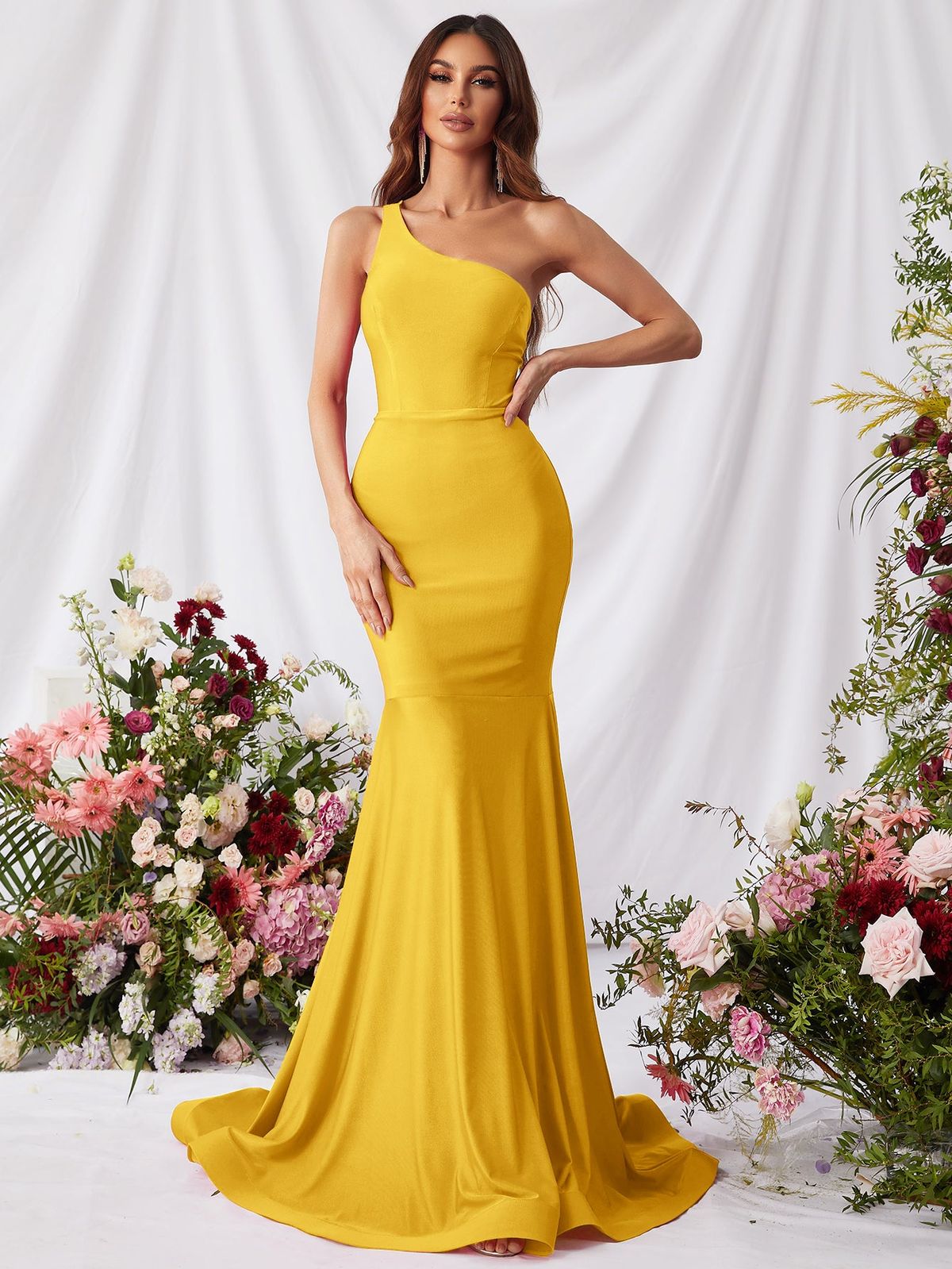Style FSWD0773 Faeriesty Size XS Prom One Shoulder Satin Yellow Mermaid Dress on Queenly