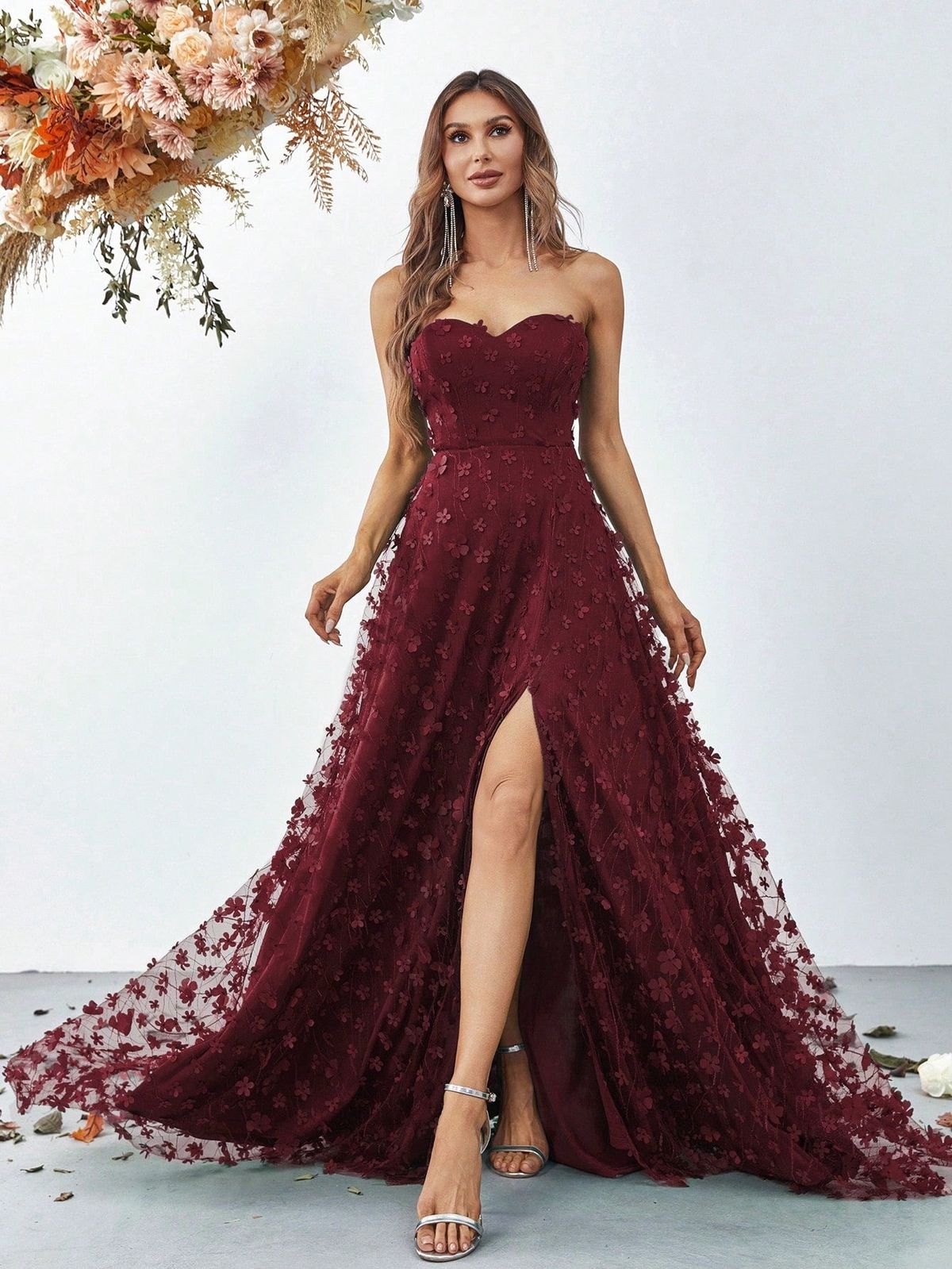 Style FSWD0647 Faeriesty Size L Floral Burgundy Red Floor Length Maxi on Queenly