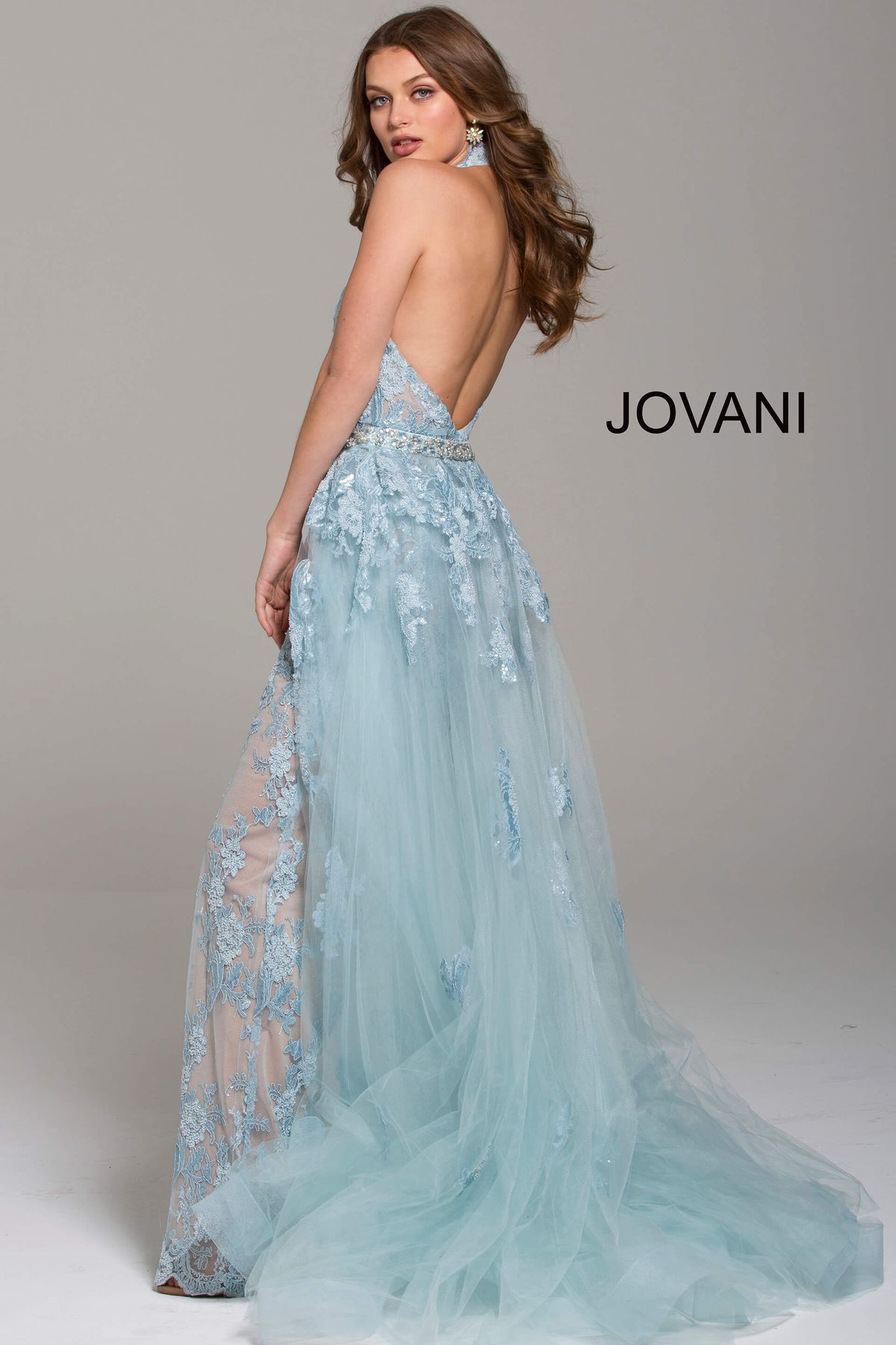 Style 60124 Jovani Size 6 Prom Halter Lace White Formal Jumpsuit on Queenly