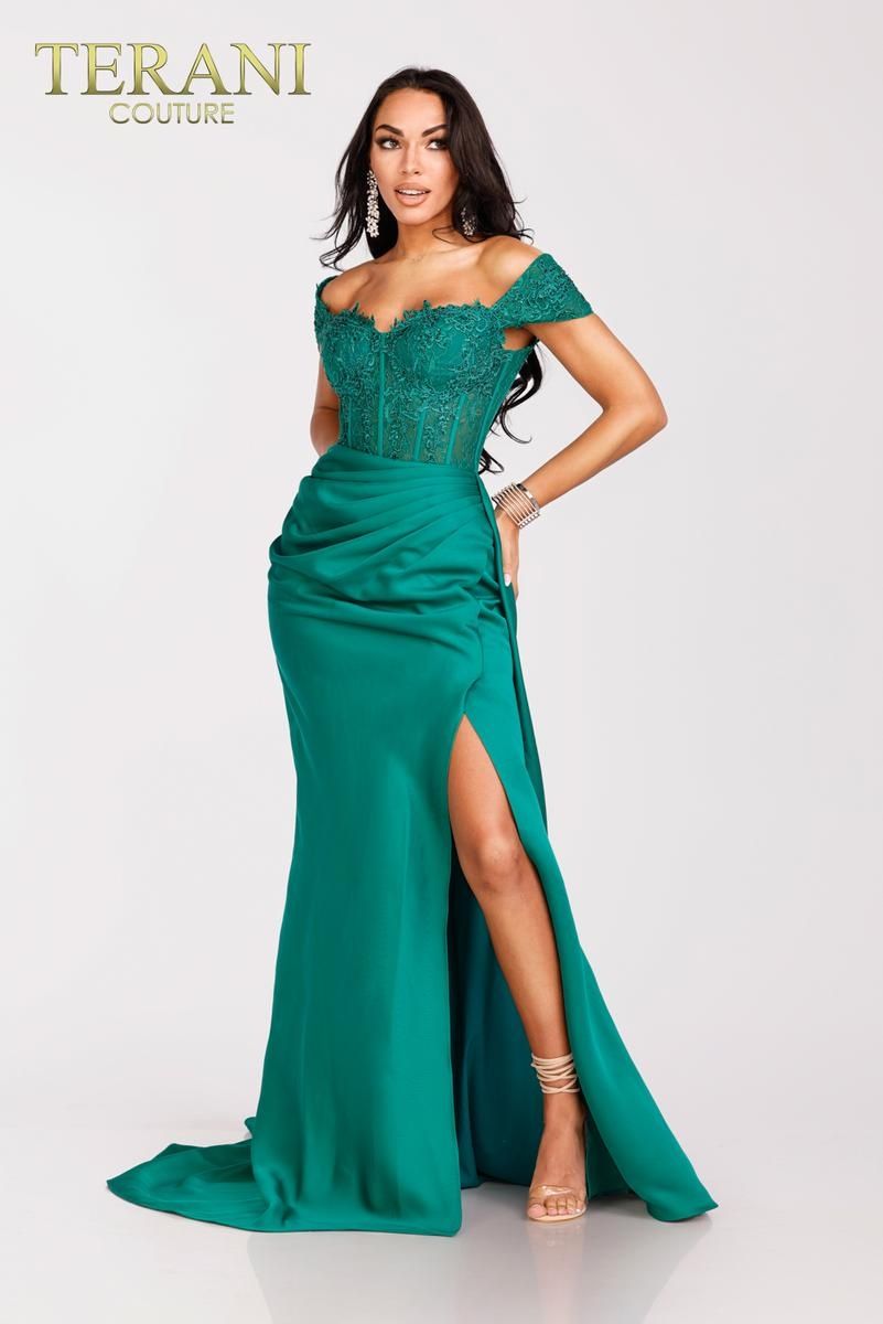 Style 231P0061 Terani Couture Size 4 Prom Emerald Green Side Slit Dress on Queenly