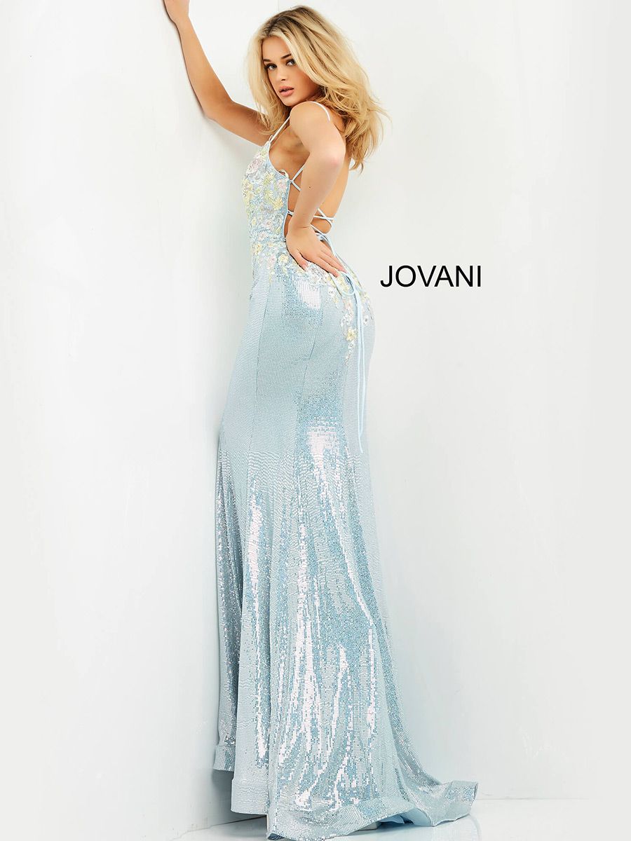 Style 06226 Jovani Size 2 Pageant Plunge Floral Light Blue Floor Length Maxi on Queenly