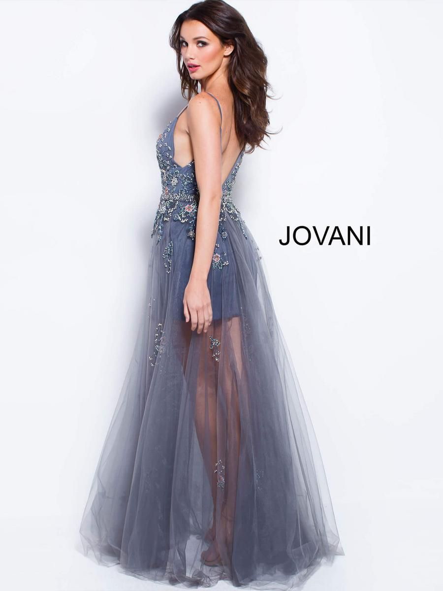 Style 55621 Jovani Size 4 Pageant Plunge Gray Side Slit Dress on Queenly