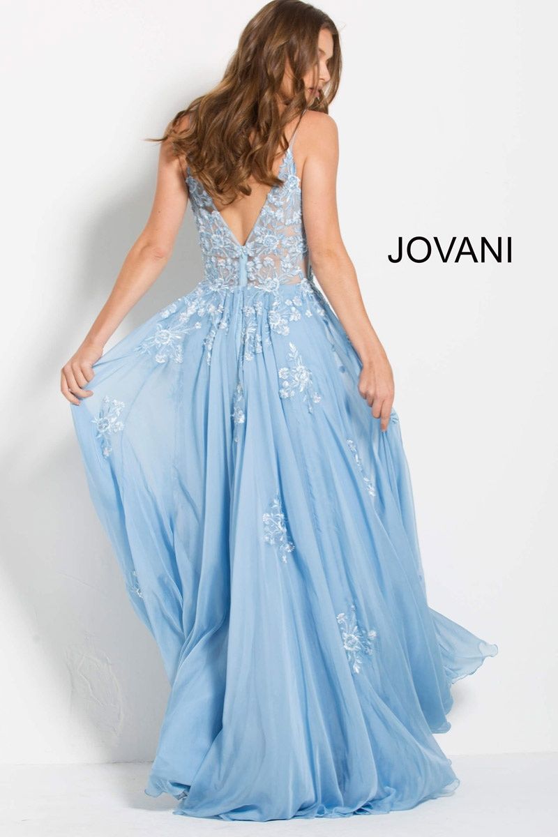 Style 58632 Jovani Size 2 Pageant Plunge Floral Light Blue Floor Length Maxi on Queenly
