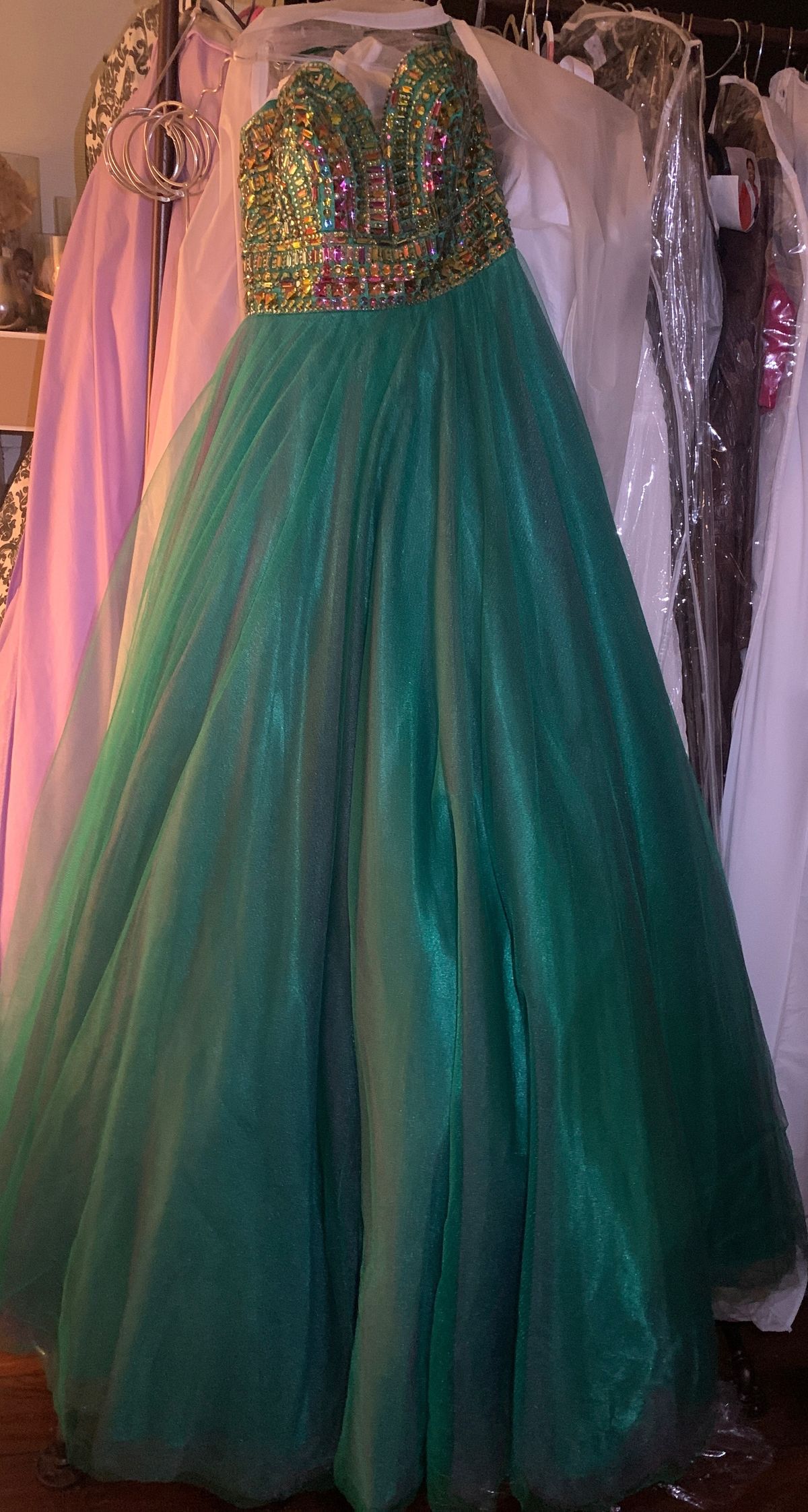 Size 4 Prom Sequined Green Ball Gown on Queenly