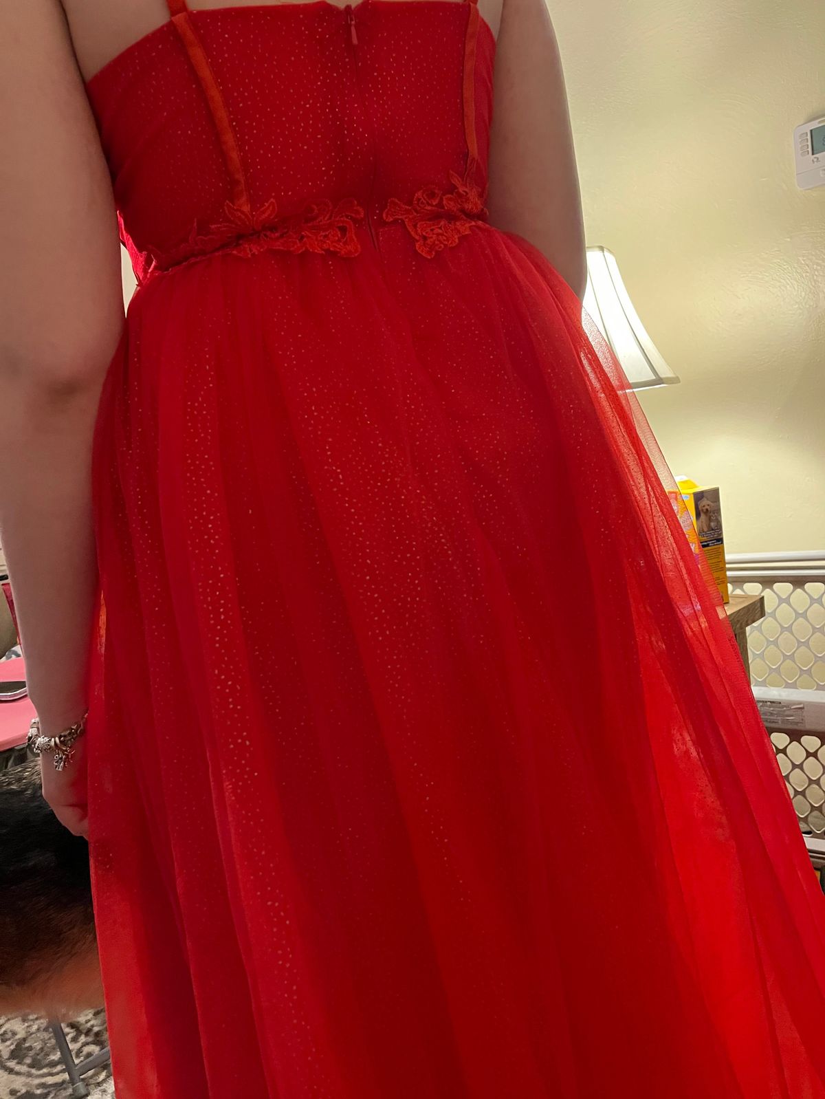 Size 14 Prom Plunge Lace Red Ball Gown on Queenly