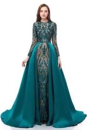 Size 10 Prom Long Sleeve Green Dress With Train on Queenly