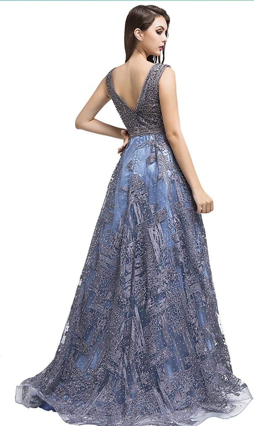 Belle house Size 10 Prom Plunge Blue Ball Gown on Queenly
