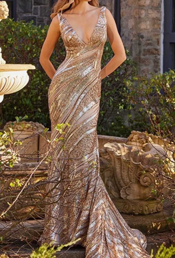 Jovani Size 4 Bridesmaid Plunge Sequined Brown Mermaid Dress on Queenly