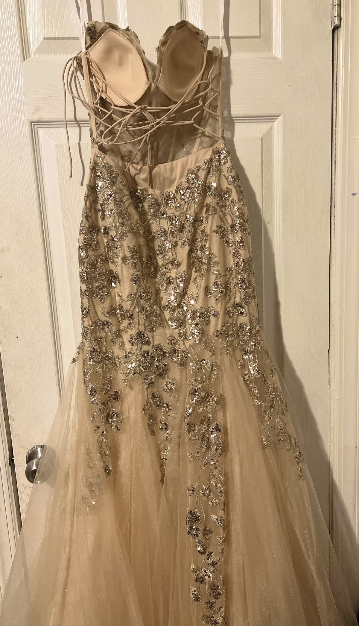 Size S Prom Plunge Nude Mermaid Dress on Queenly