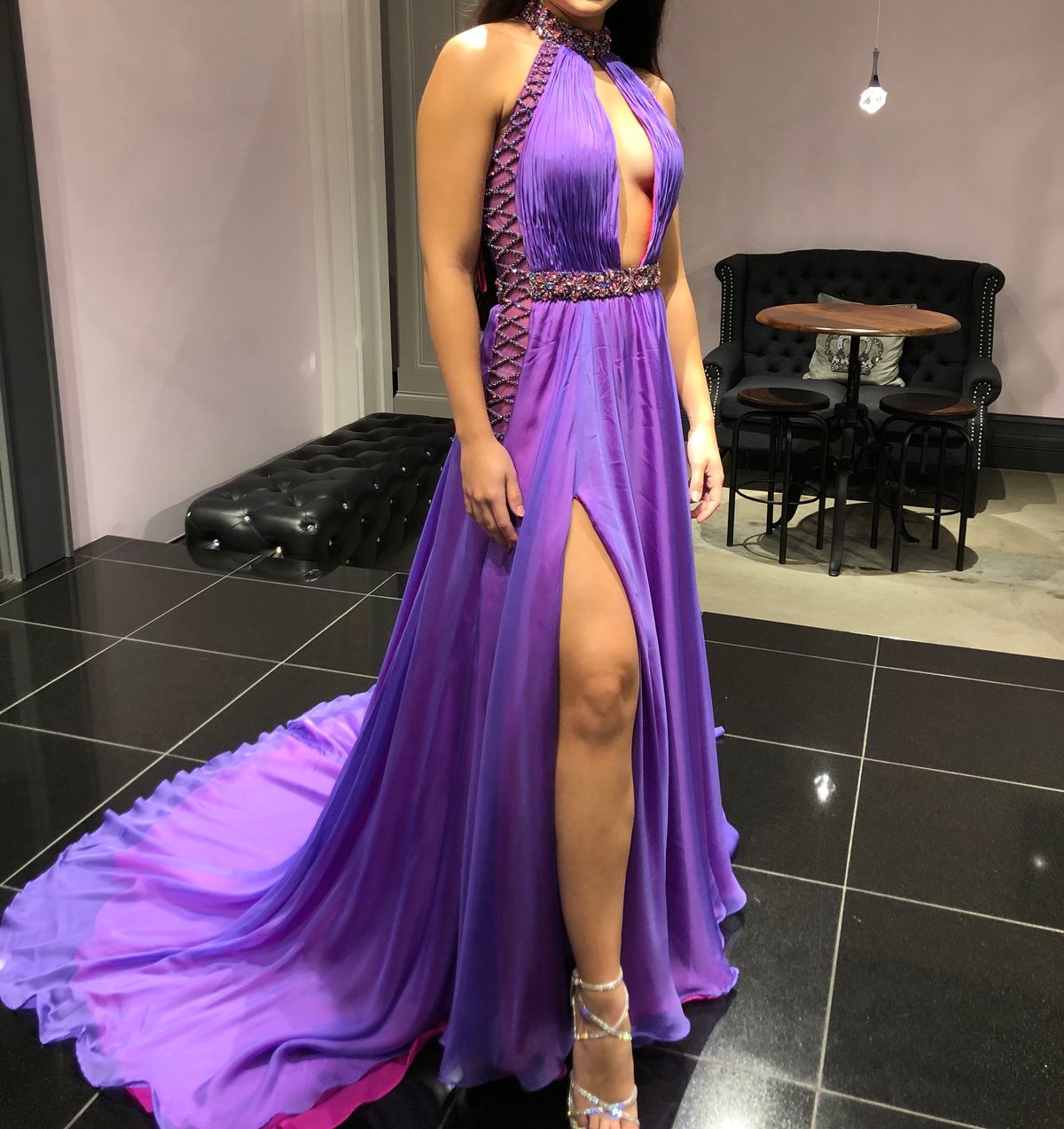 Jovani Size 4 Prom Plunge Sequined Purple Side Slit Dress on Queenly