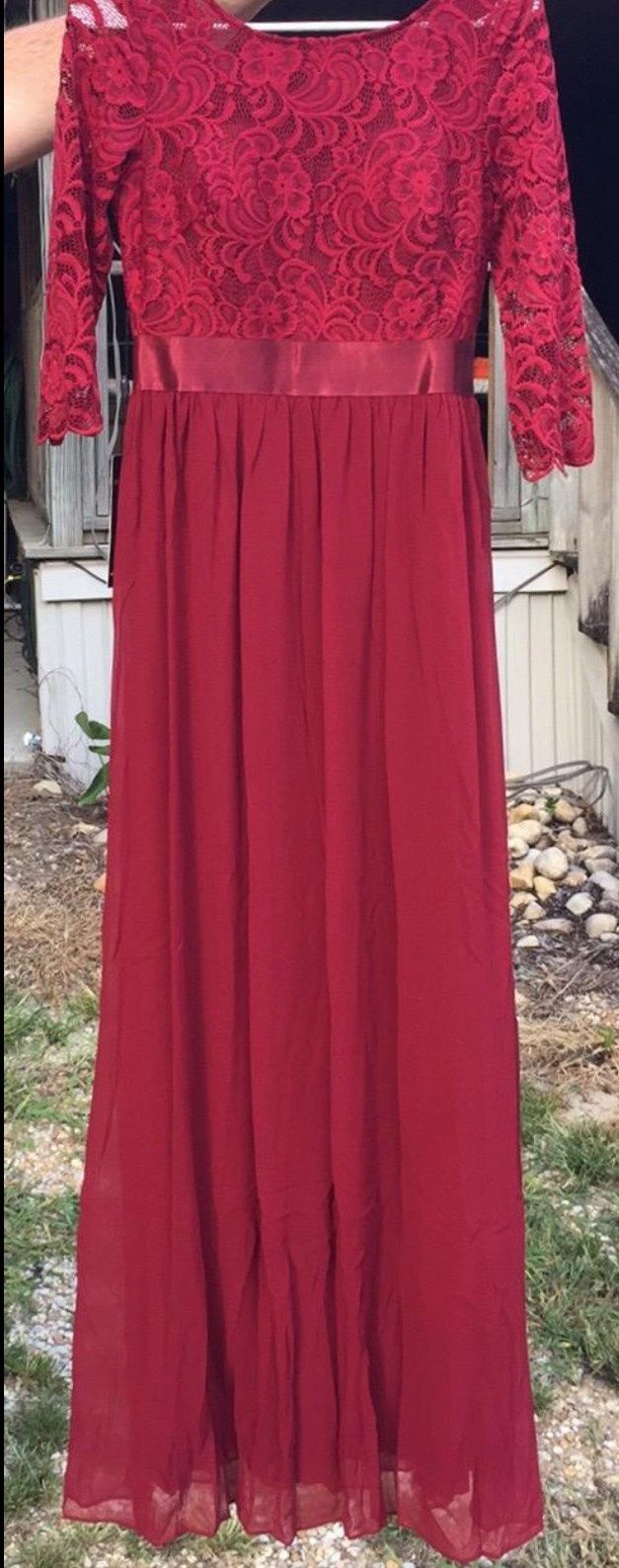 Size 6 Bridesmaid Long Sleeve Lace Red A-line Dress on Queenly