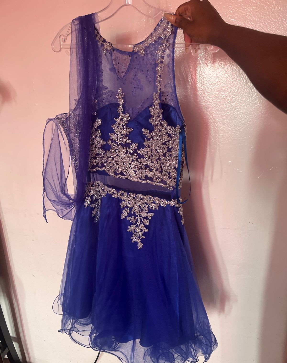 Size S Prom Plunge Lace Royal Blue A-line Dress on Queenly