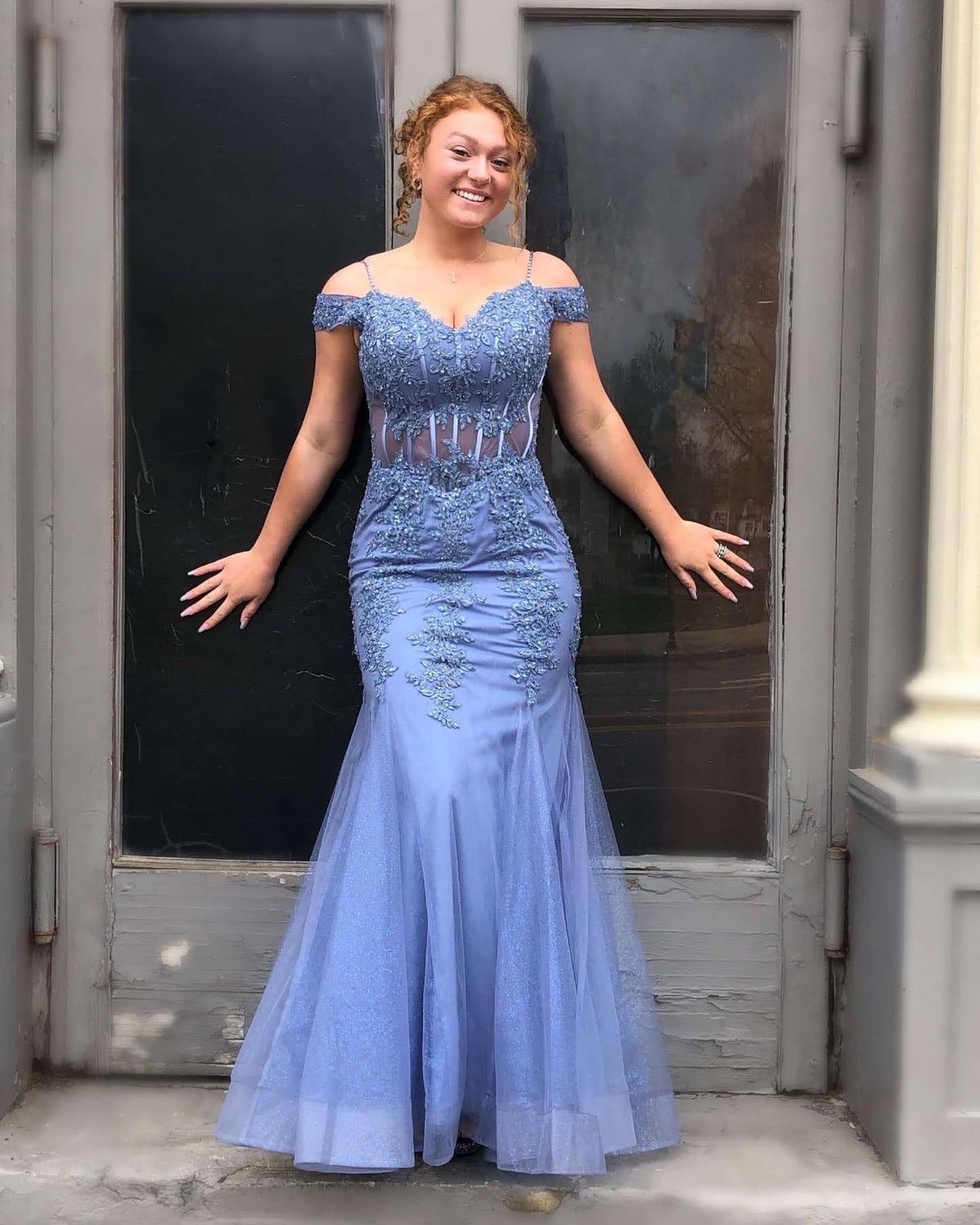 Size L Prom Off The Shoulder Lace Blue Mermaid Dress on Queenly