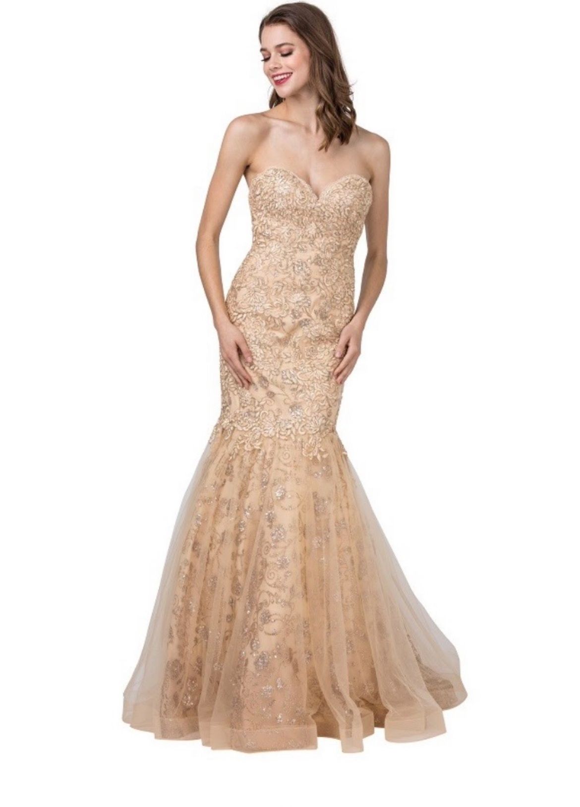 Size 10 Prom Strapless Lace Nude Mermaid Dress on Queenly