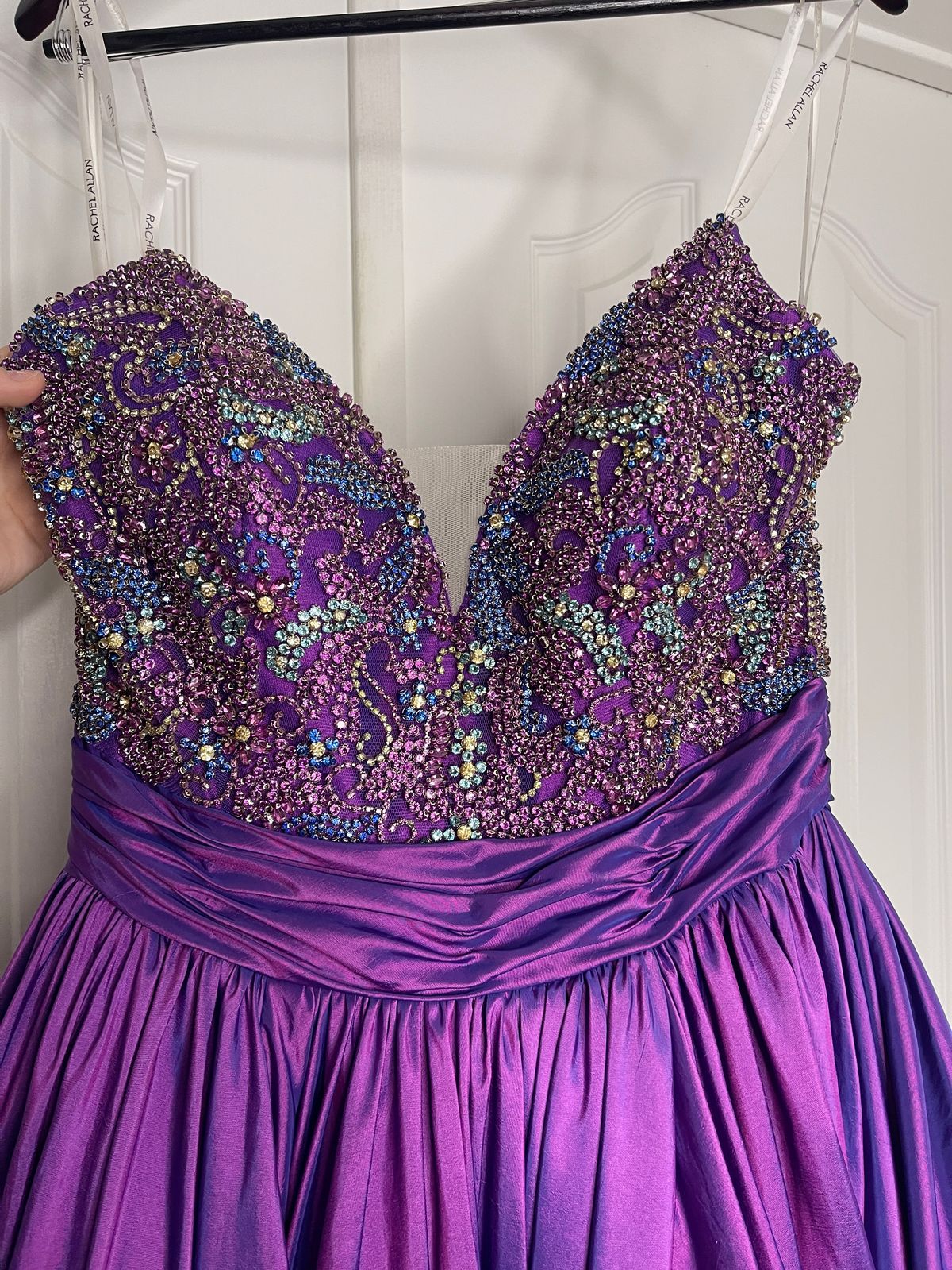 Style 50000 Rachel Allan Size 12 Prom Strapless Sequined Purple Ball Gown on Queenly