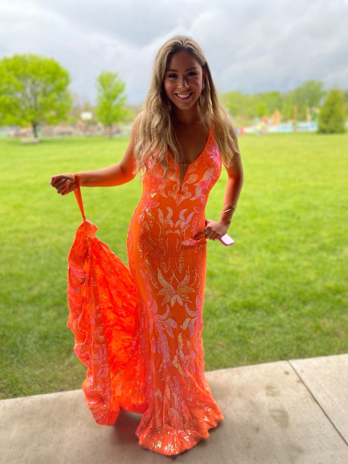 Jovani Size 4 Prom Plunge Sheer Orange Mermaid Dress on Queenly