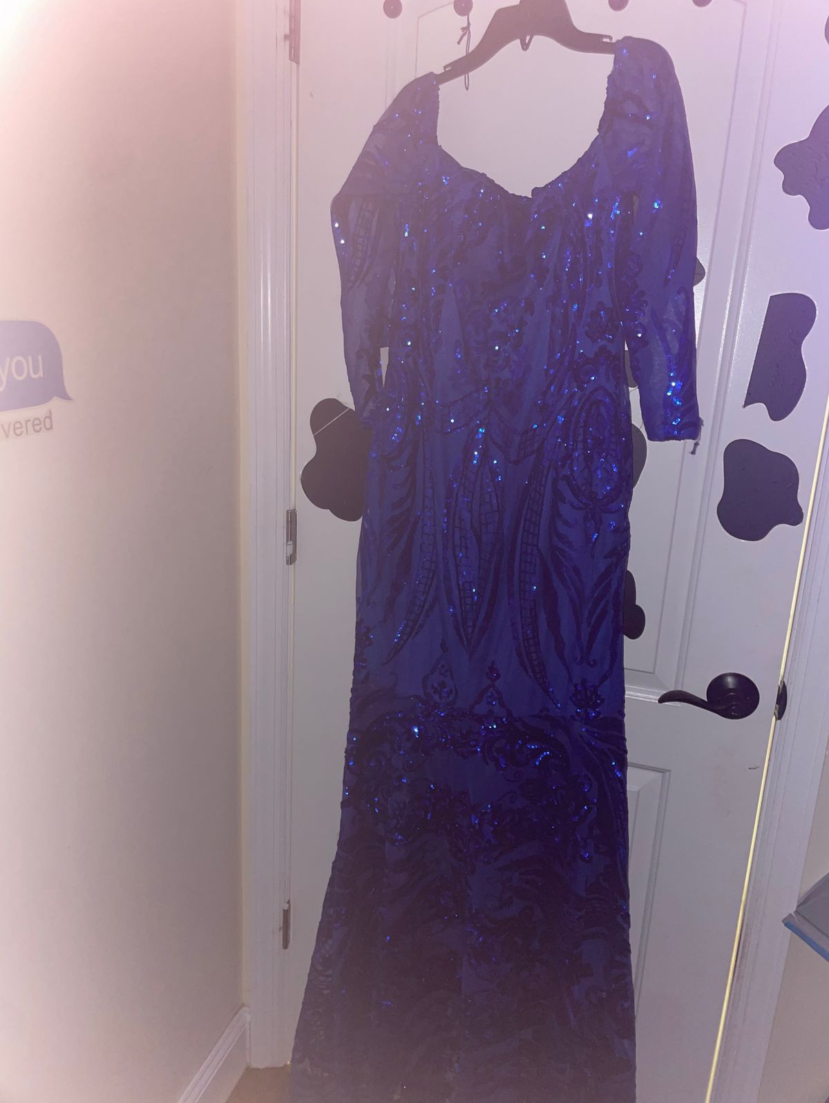 Plus Size 16 Prom Long Sleeve Sheer Royal Blue Mermaid Dress on Queenly