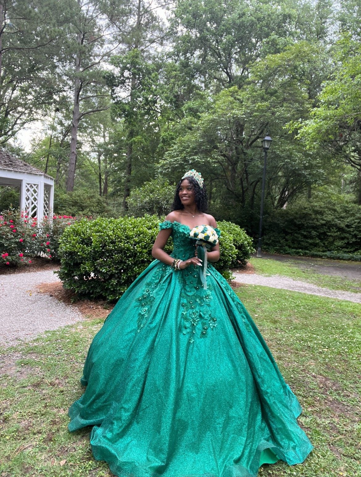 Size 0 Prom Off The Shoulder Sequined Emerald Green Ball Gown on Queenly