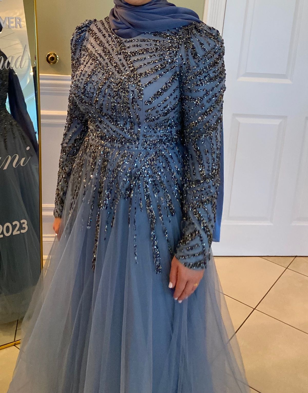 Size 8 Prom Long Sleeve Sequined Light Blue A-line Dress on Queenly