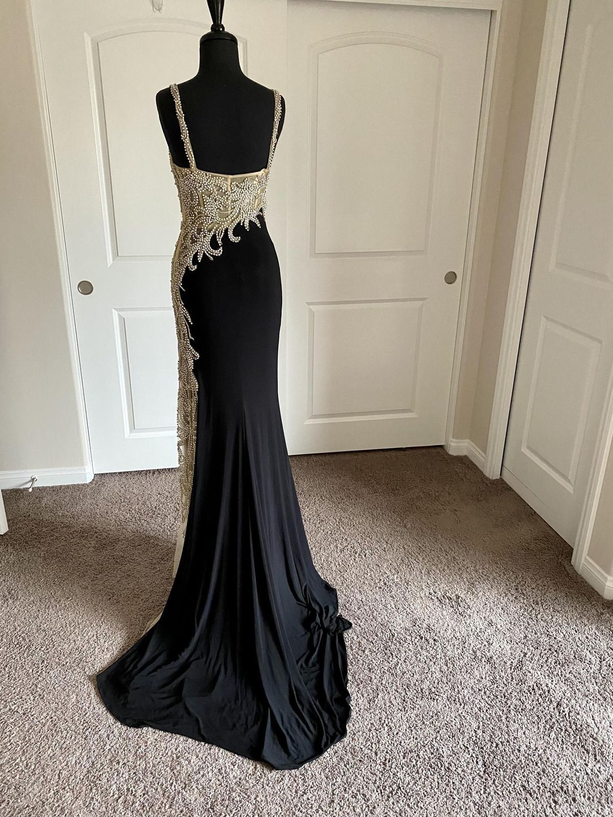 Style -1 Mac Duggal Size 4 Prom Strapless Sequined Black Side Slit Dress on Queenly