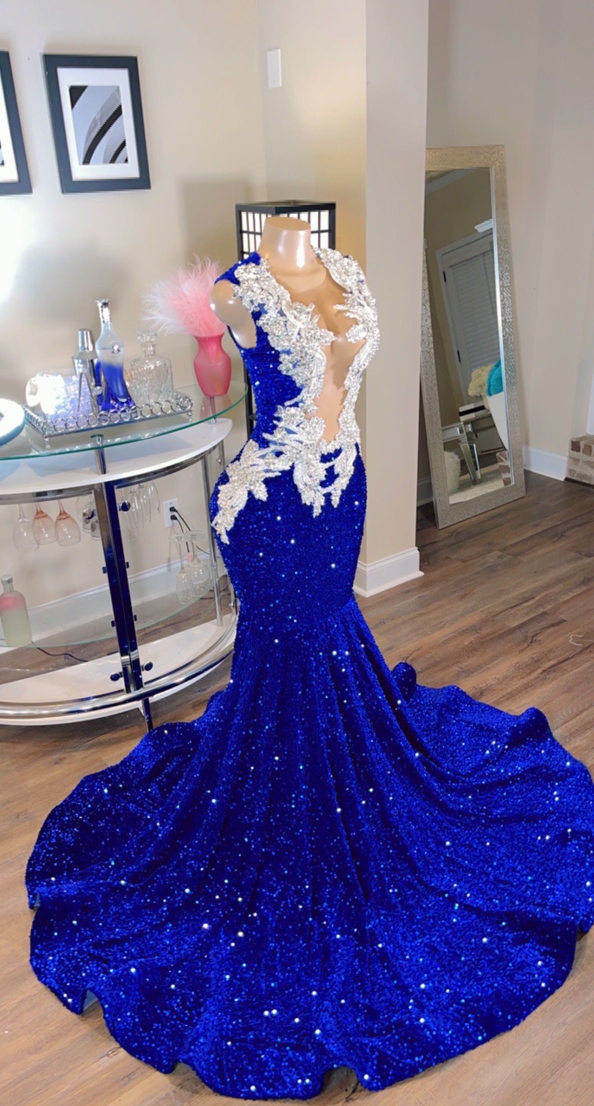 Stitchercouture Size 4 Prom Plunge Lace Royal Blue Dress With Train on Queenly