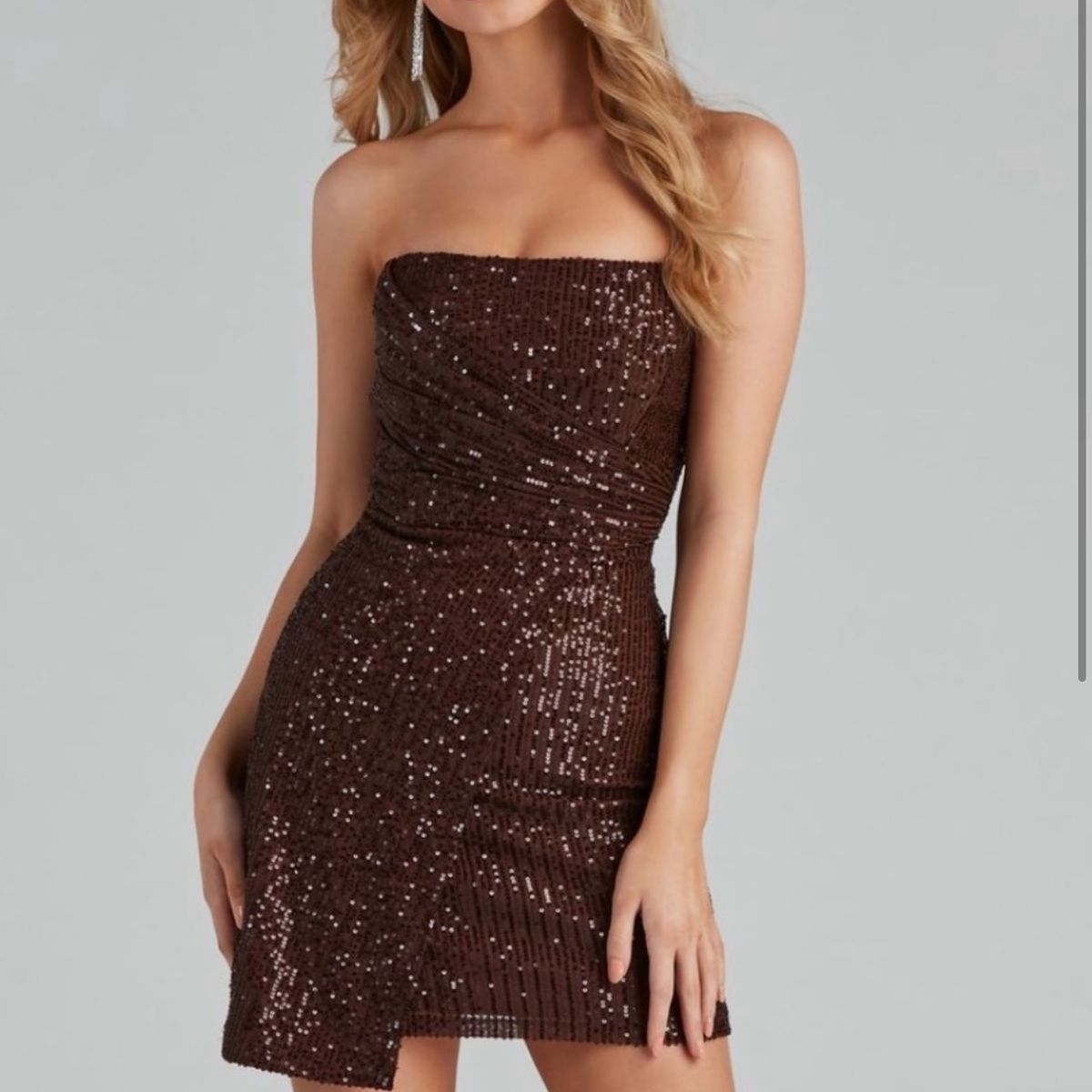 Windsor Size XL Homecoming Strapless Brown Cocktail Dress on Queenly