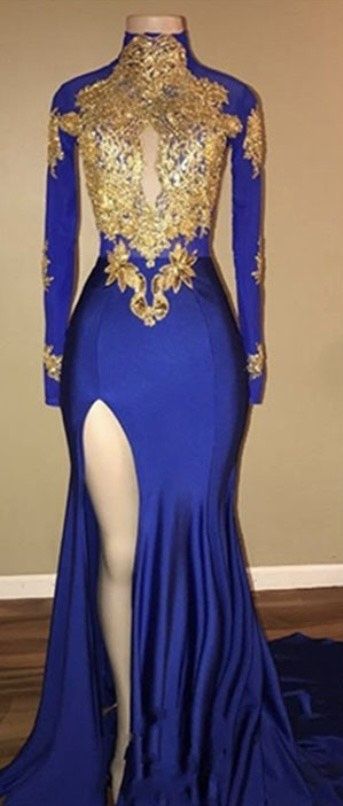 Size M Prom Long Sleeve Sheer Gold Dress With Train on Queenly
