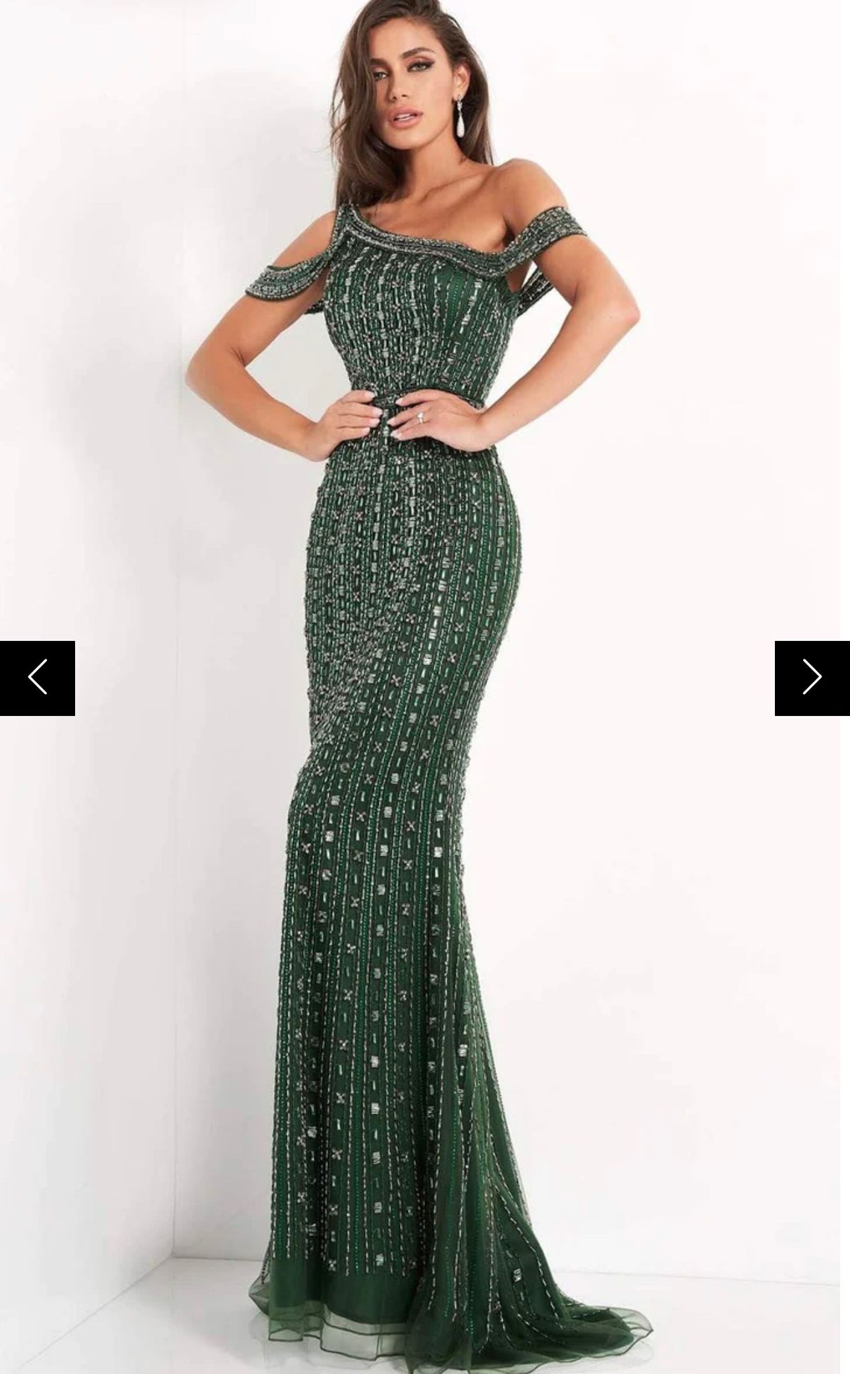 Jovani Size 4 Prom Off The Shoulder Sequined Emerald Green Floor Length Maxi on Queenly