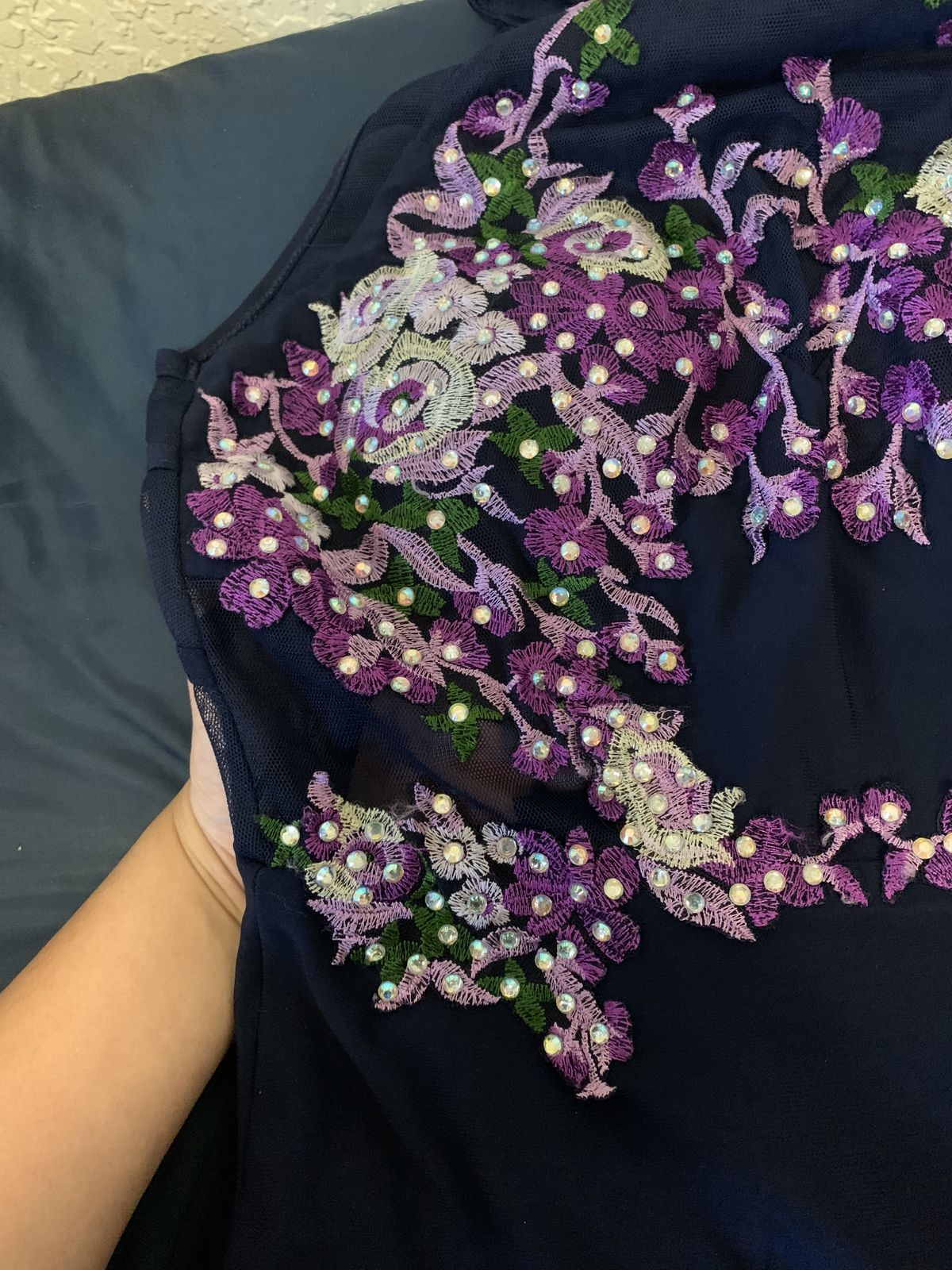 Size 00 Prom High Neck Floral Navy Blue Side Slit Dress on Queenly