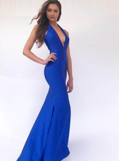 Style 728 Jessica Angel Size 4 Plunge Satin Blue Mermaid Dress on Queenly