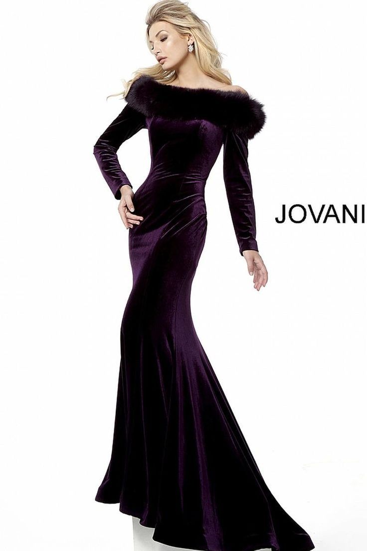 Style 61548 Jovani Size 2 Long Sleeve Velvet Purple Mermaid Dress on Queenly