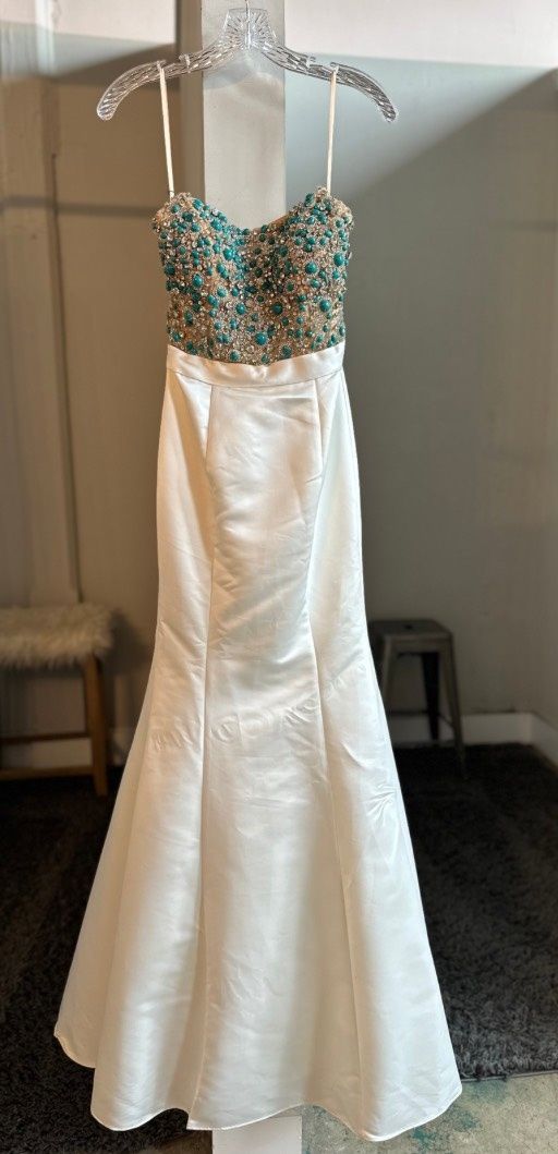 Ashley Lauren Size 0 Pageant Strapless Sequined Turquoise White Mermaid Dress on Queenly