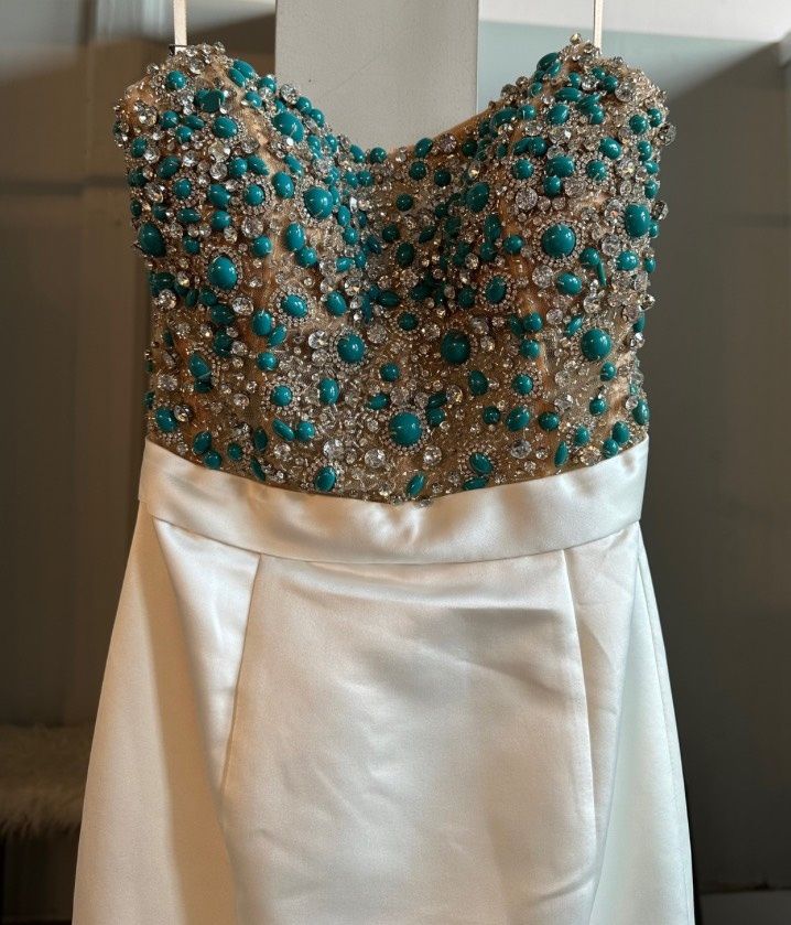 Ashley Lauren Size 0 Pageant Strapless Sequined Turquoise White Mermaid Dress on Queenly