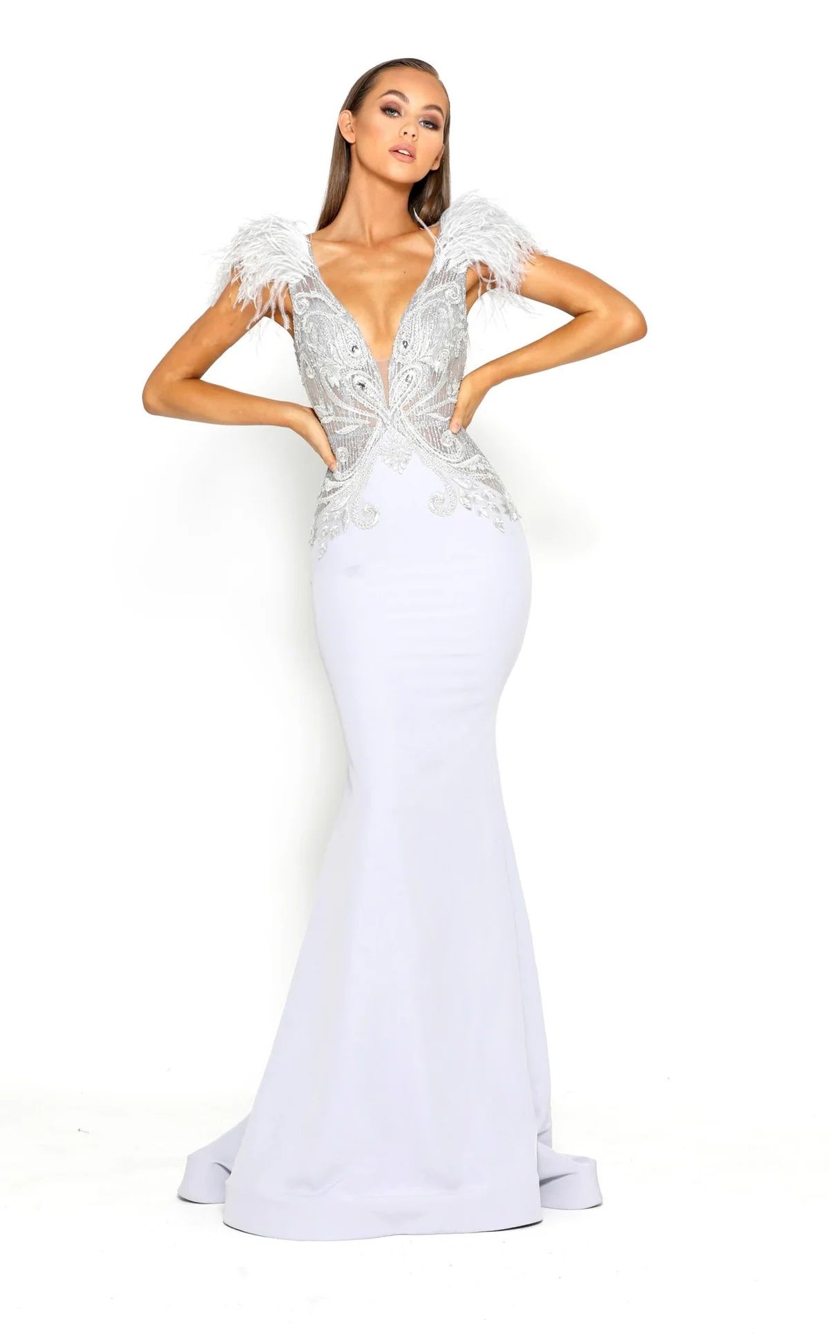 Style PS1910 Portia and Scarlett Size 10 Plunge Lace Silver Mermaid Dress on Queenly
