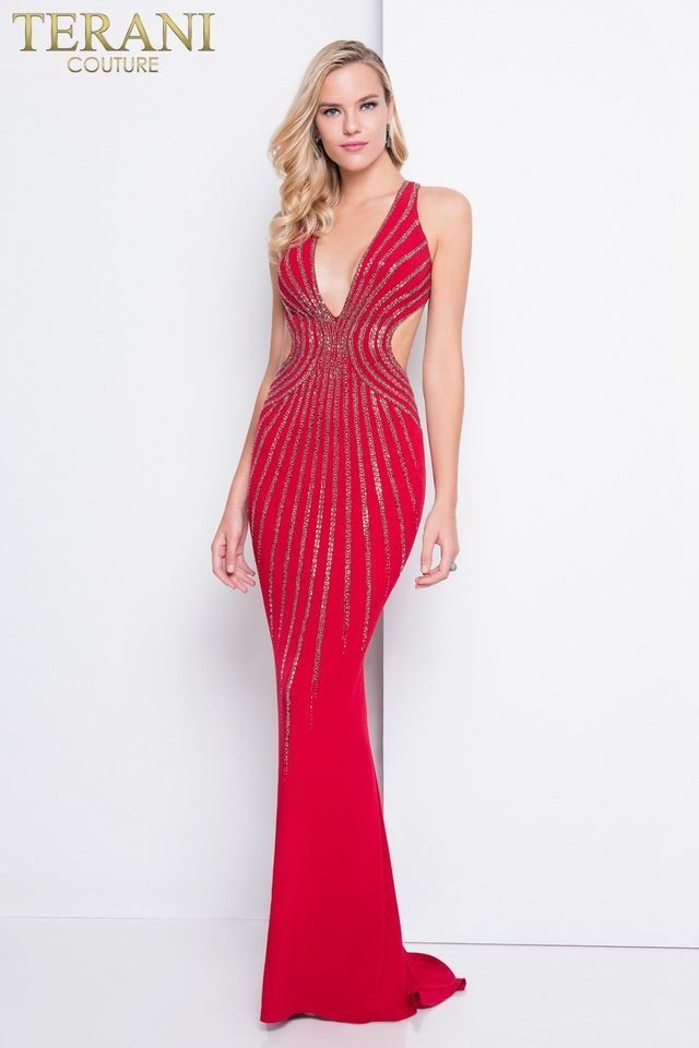 Style 1815P5912 Terani Couture Size 2 Halter Red Floor Length Maxi on Queenly