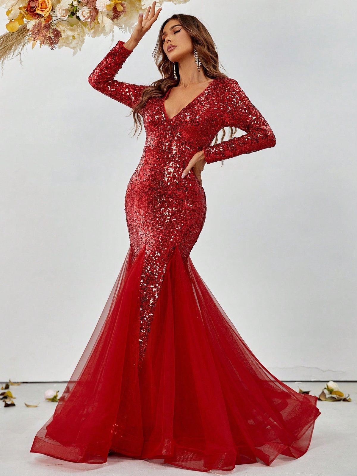 Style FSWD1157 Faeriesty Size S Long Sleeve Sheer Red Mermaid Dress on Queenly