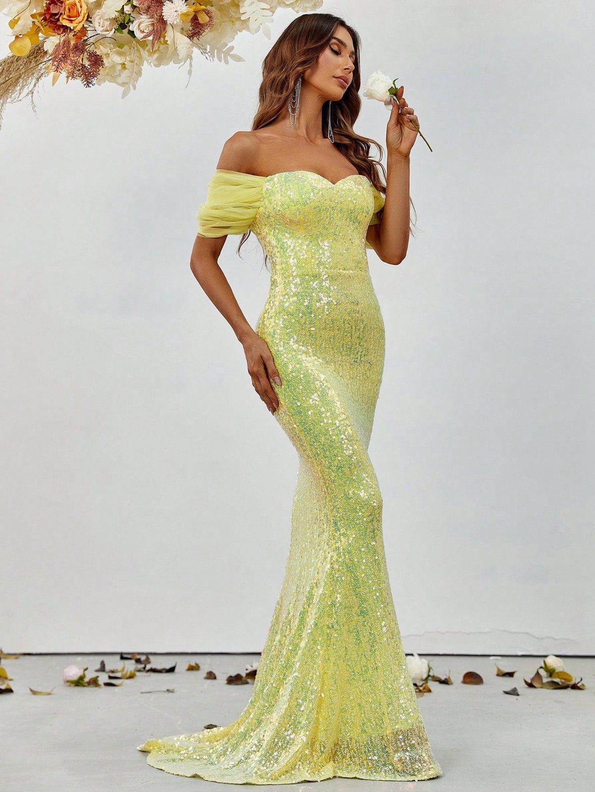 Style FSWD1193 Faeriesty Size XS Off The Shoulder Sheer Yellow Mermaid Dress on Queenly