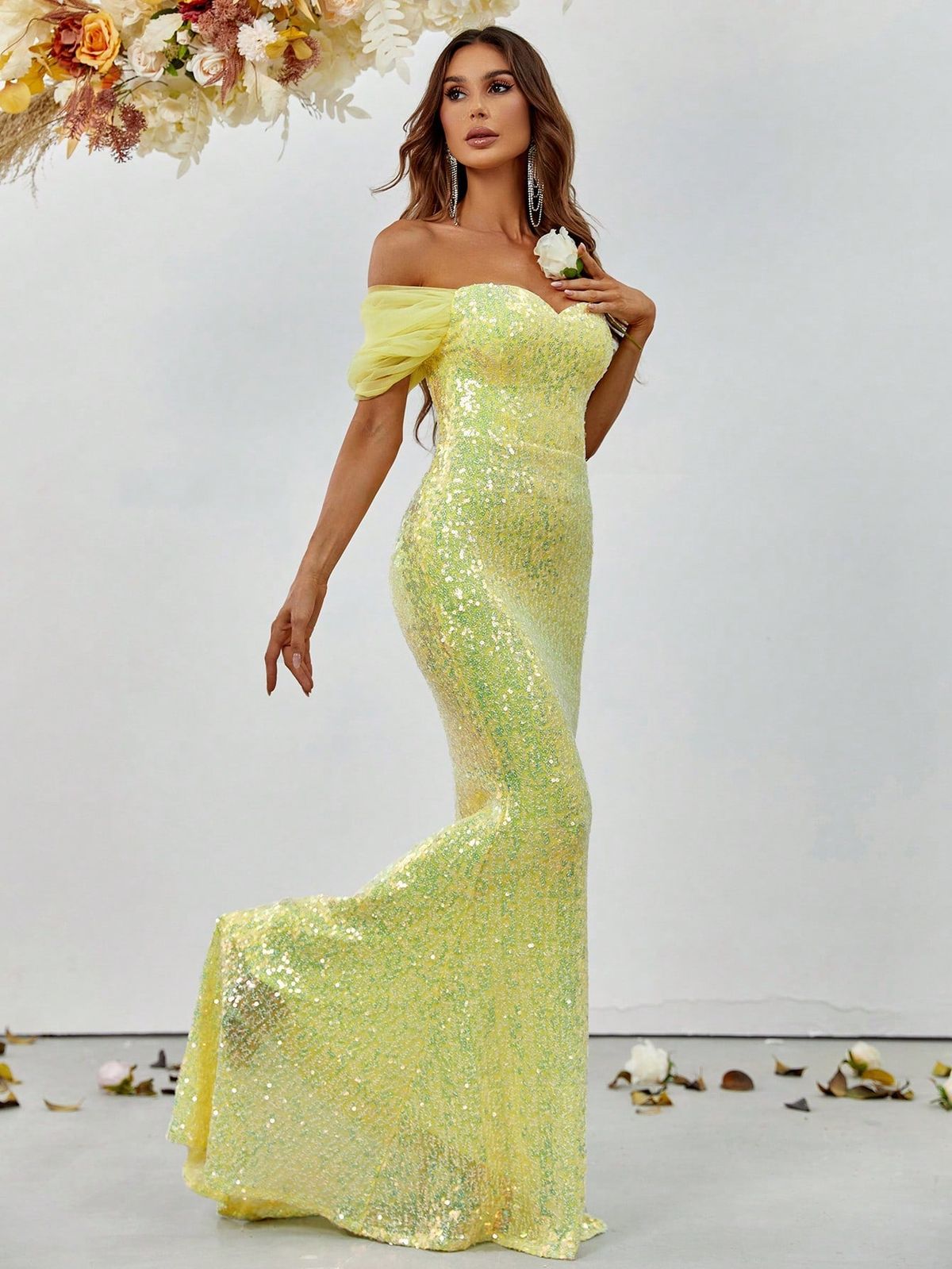 Style FSWD1193 Faeriesty Size S Off The Shoulder Sheer Yellow Mermaid Dress on Queenly
