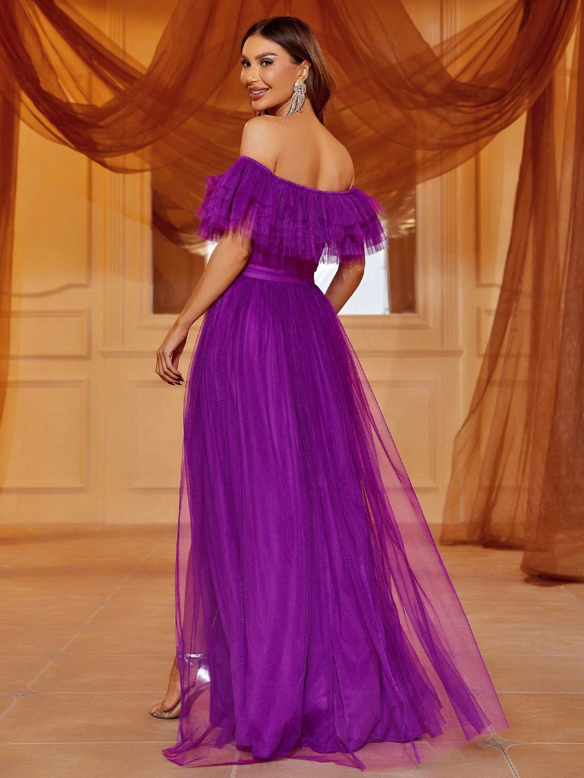 Style FSWD1087 Faeriesty Size S Off The Shoulder Sheer Purple A-line Dress on Queenly