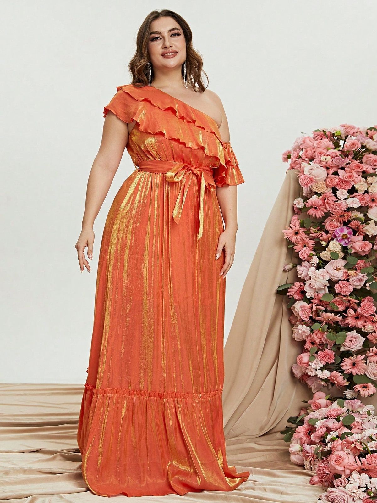 Style FSWD0858P Faeriesty Size 1X One Shoulder Orange A-line Dress on Queenly