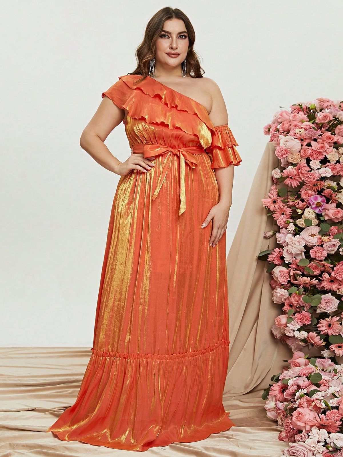 Style FSWD0858P Faeriesty Size 1X One Shoulder Orange A-line Dress on Queenly