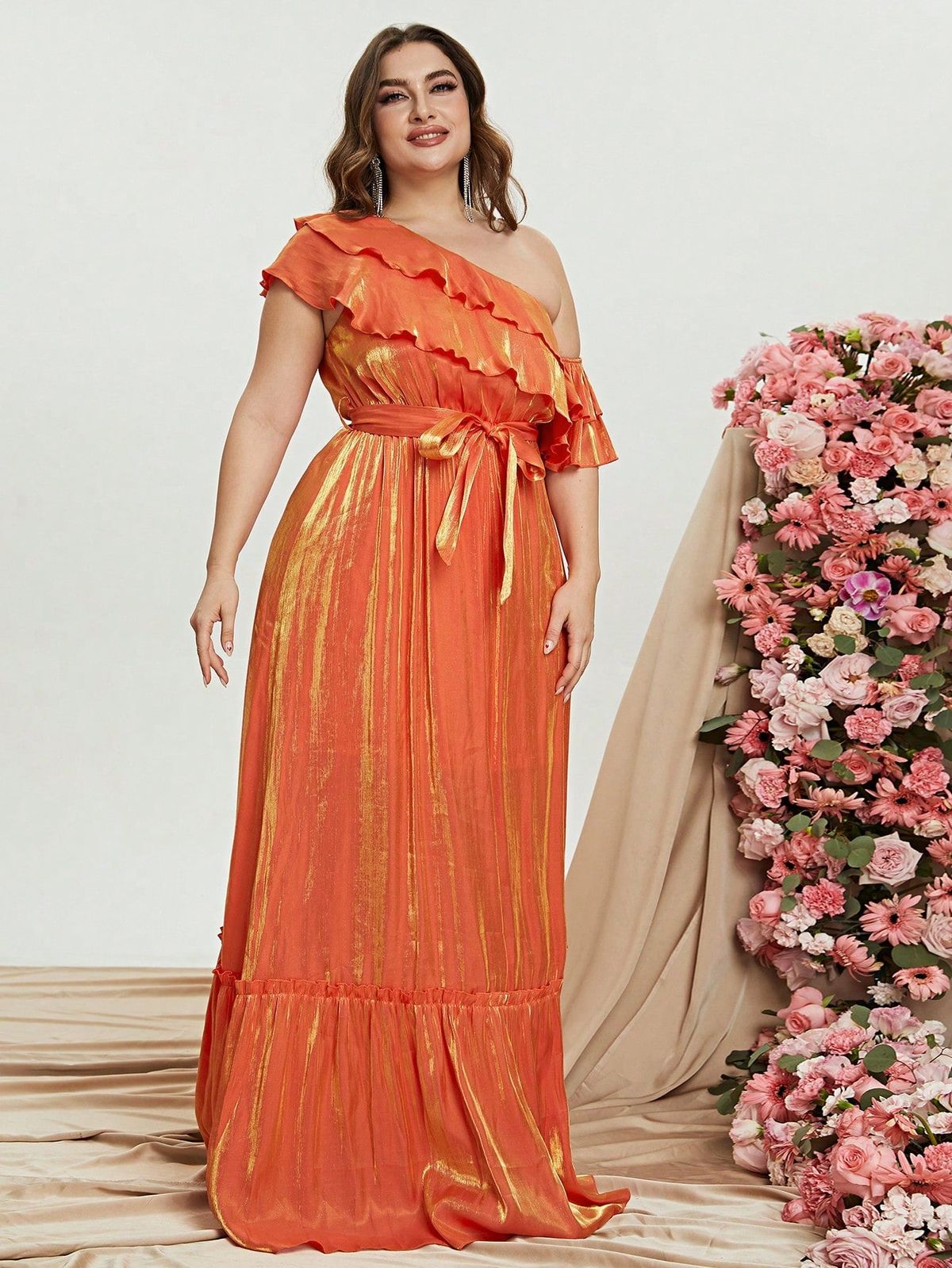 Style FSWD0858P Faeriesty Size 2X One Shoulder Orange A-line Dress on Queenly