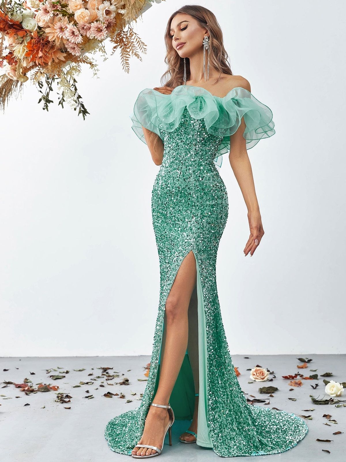 Style FSWD0640 Faeriesty Size XS Off The Shoulder Sheer Light Green Mermaid Dress on Queenly