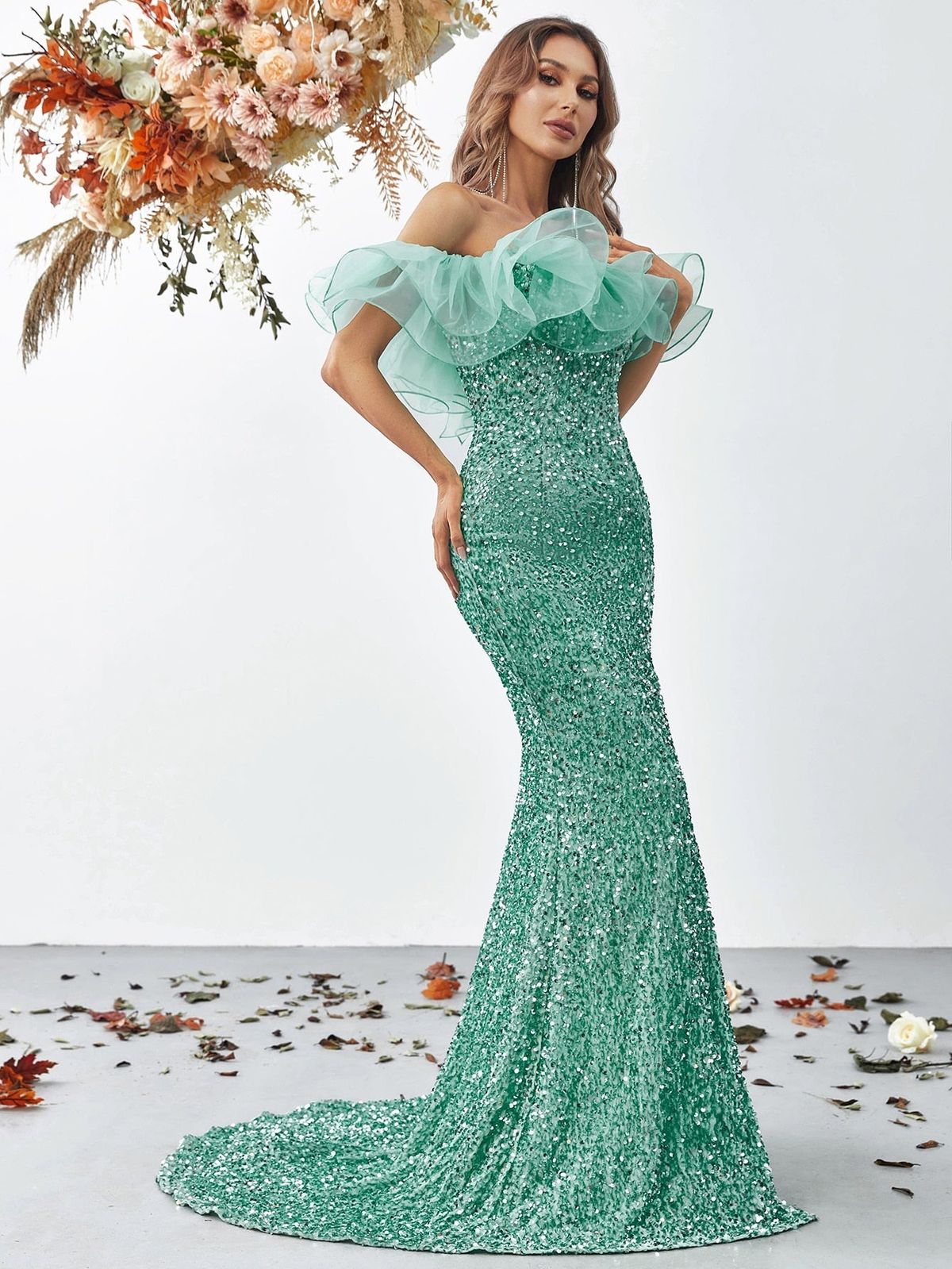 Style FSWD0640 Faeriesty Size XS Off The Shoulder Sheer Light Green Mermaid Dress on Queenly