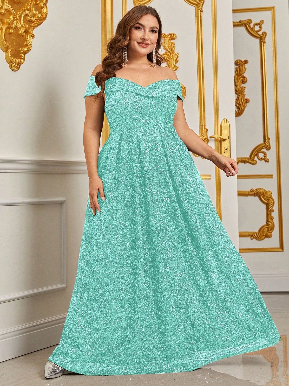 Style FSWD0827P Faeriesty Size 1X Off The Shoulder Light Green A-line Dress on Queenly