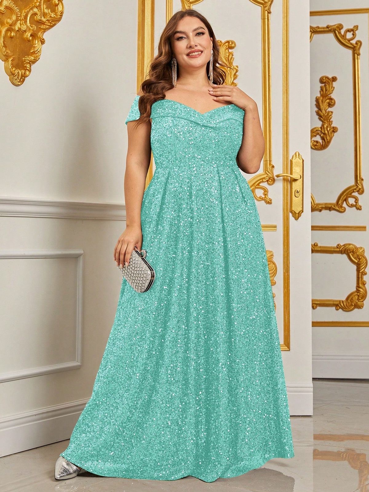 Style FSWD0827P Faeriesty Size 1X Off The Shoulder Light Green A-line Dress on Queenly