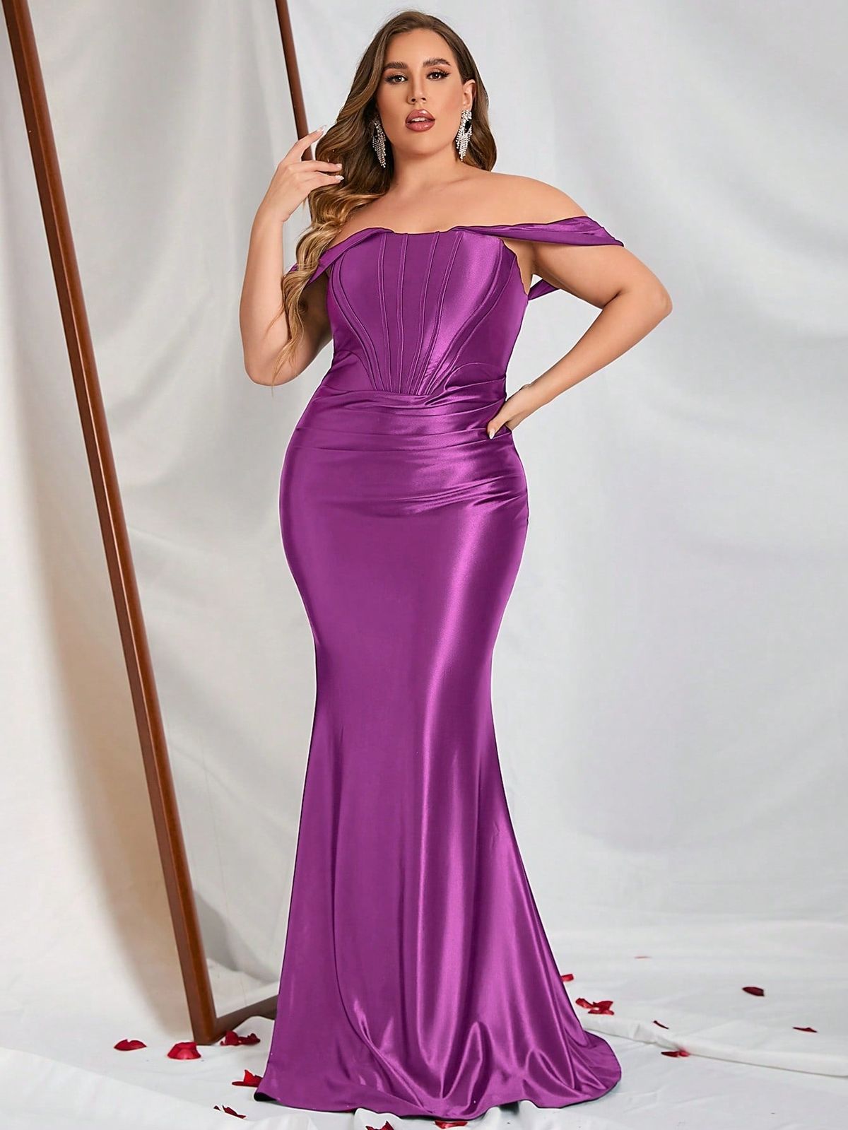 Style FSWD0302P Faeriesty Size 1X Off The Shoulder Purple Mermaid Dress on Queenly