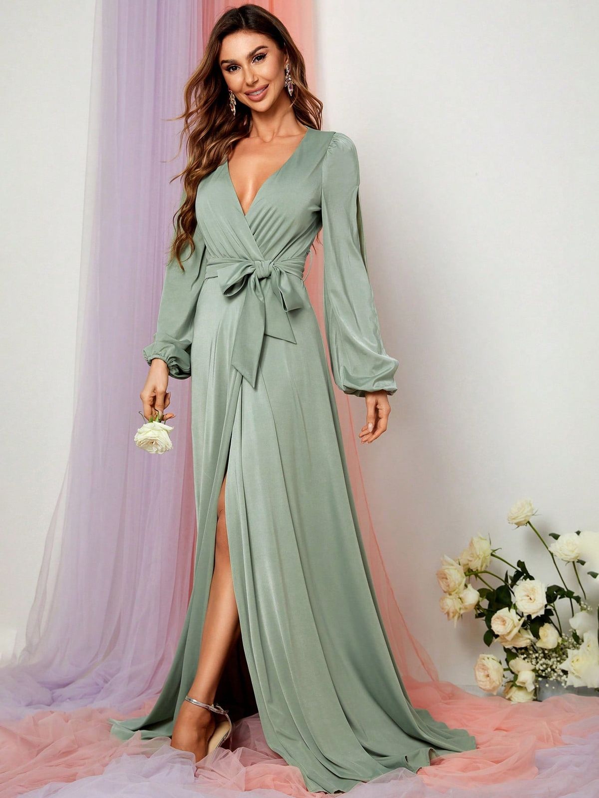 Style FSWD0787 Faeriesty Size XS Long Sleeve Green Side Slit Dress on Queenly