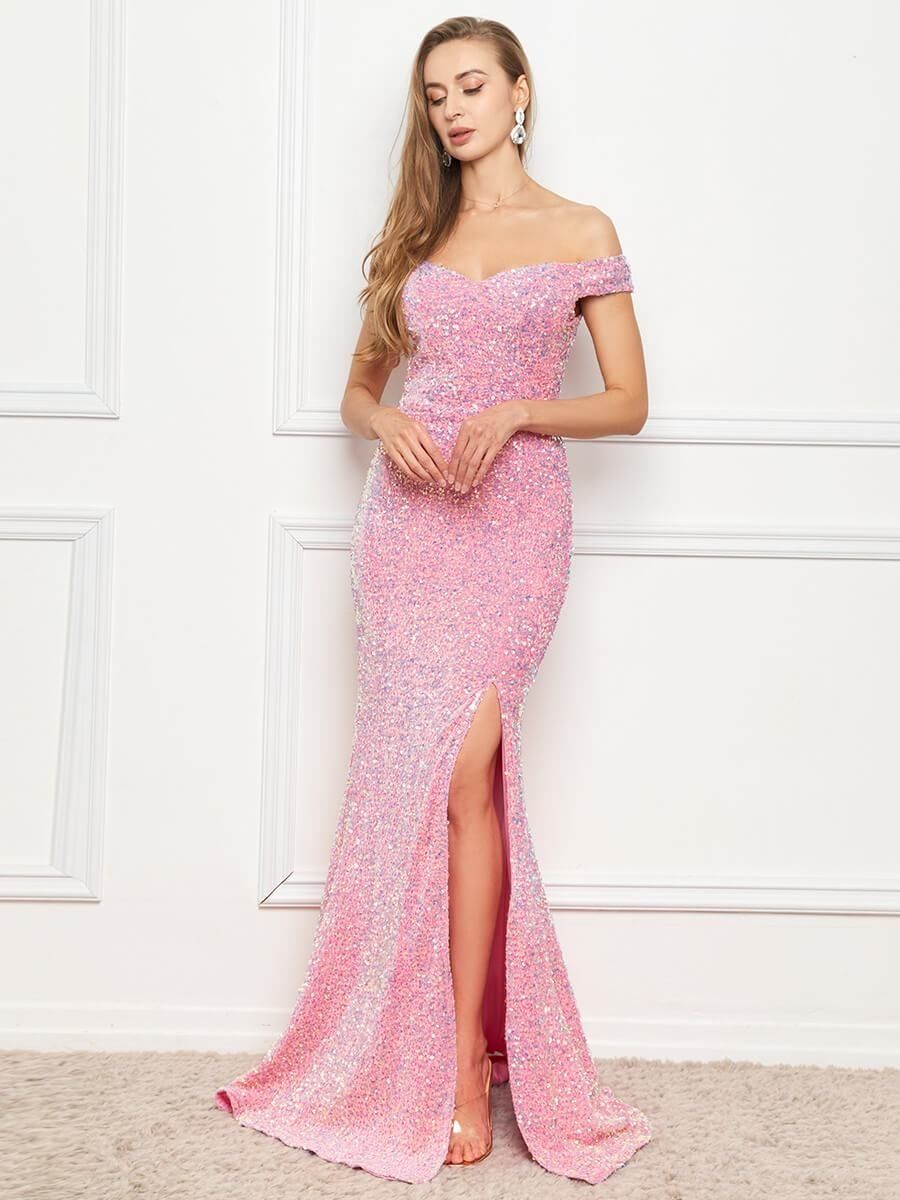 Style FSWD0012 Faeriesty Size M Prom Off The Shoulder Sequined Pink Side Slit Dress on Queenly